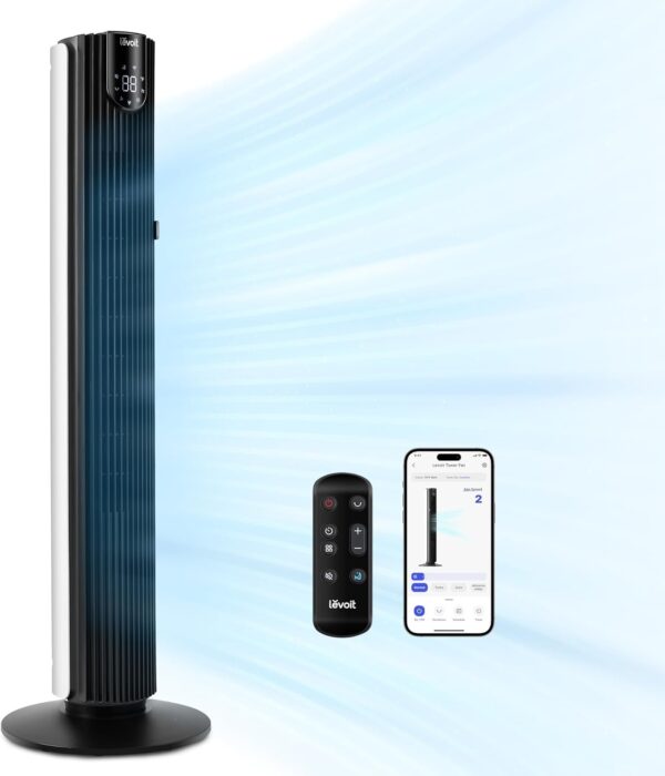 7269ba6898cc4ae5b83cc9ffabcaa202 LEVOIT Tower Fan for Bedroom, Standing Fan that Blows Cold Air for Home, 28dB Quiet for Sleep, Remote, 90° Oscillation, 12H Timer, 25ft/s Velocity, 5 Speeds, 4 Modes, Bladeless 36 inch, White