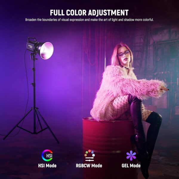 130W RGB LED Video Light APP/2.4G Control 17 Effects, 2500-7500K 19800lux/1m COB Continuous Lighting Output with CRI97/TLCI98 4 Dimming Curves, Spotlight for Studio Shoots, FS150C
