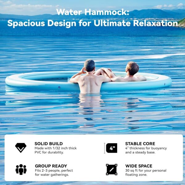 72c1ce75e14c4c19a0ce89543b94e3c7 Round Inflatable Floating Dock, Sunchill Float Ring, Hammock Tanning Pool with 4in Woven Fabric, Manual Pump for 1-2 Min Quick Inflate/Deflate, Fits 2-8, Ideal for Lakes, Pools, Oceans