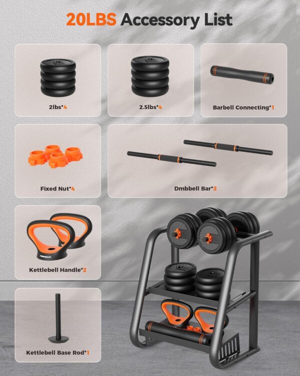 Adjustable Dumbbells, 20/30/40/45/70/90lbs Free Weight Set with Connector, 5 in1 Dumbbells Set Used as Barbell, Kettlebells, Push up Stand, Weight Plate, Fitness Exercises for Home Gym Suitable Men/Women