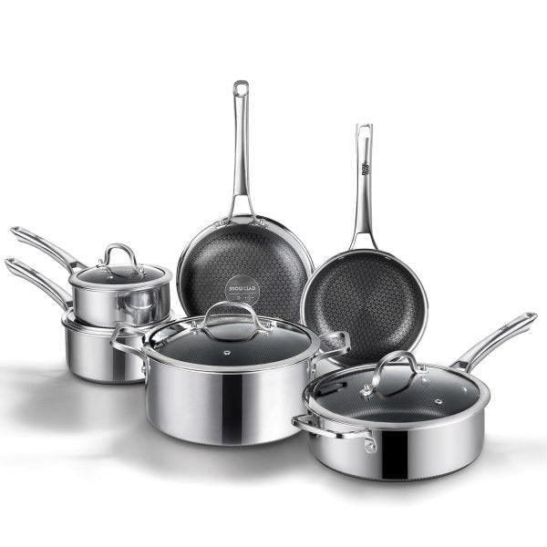 SNOWCLAD Pots and Pans set non stick, 10 pcs Hybrid Stainless Steel Cookware Sets, non stick Frying Pans