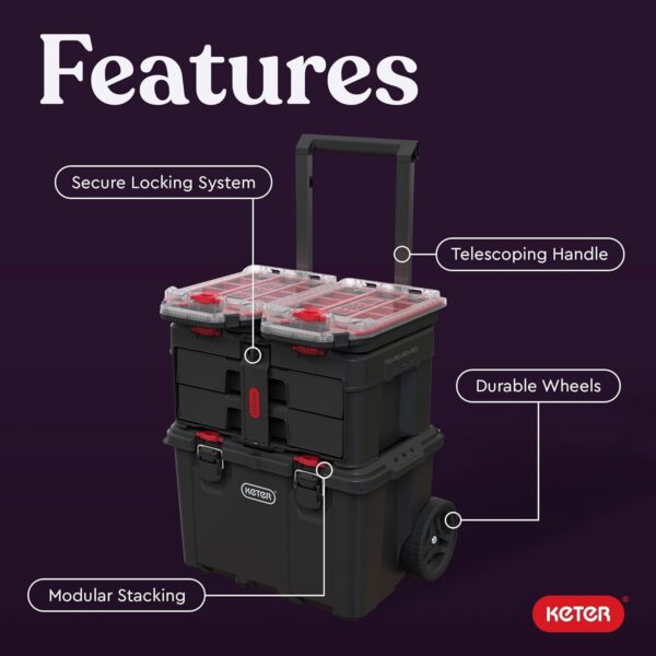 Keter Stack-n-Roll Modular Tools Organizer for Garage Storage and DIY, 3 Piece Resin Rolling Tool Box System for Small Parts