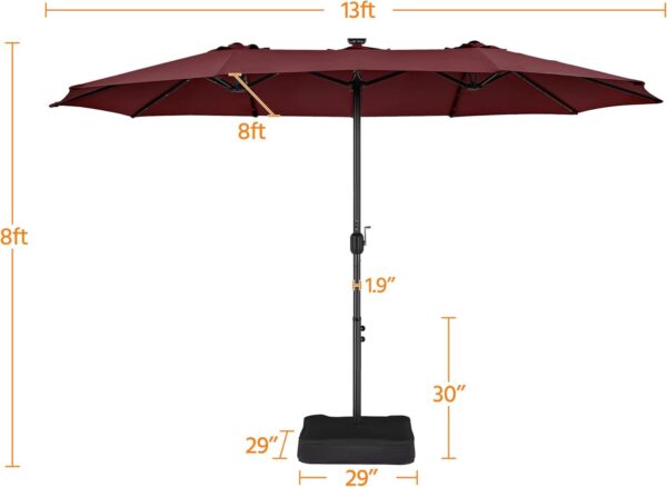 75cb514151ef47e69148cff3e50119f7 15 ft Large Patio Umbrella with Solar Lights Double-Sided Outdoor Rectangle Market Umbrellas with 36 LED Lights/Base Included/Easy Crank for Patio Garden Yard Pool Lawn, Brown