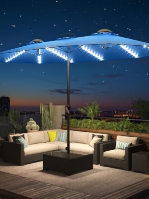 15ft Patio Umbrella with Solar Lights, Large Double Umbrella Outdoor, Rectangle 180”x106” Umbrellas with 156 PCS LED Lights and Crank Handle for Backyard Deck Pool Shade in Black(1.9′′ Pole)