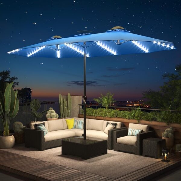 7693855734d148da80ee27430917a838 15ft Patio Umbrella with Solar Lights, Large Double Umbrella Outdoor, Rectangle 180”x106” Umbrellas with 156 PCS LED Lights and Crank Handle for Backyard Deck Pool Shade in Black(1.9′′ Pole)