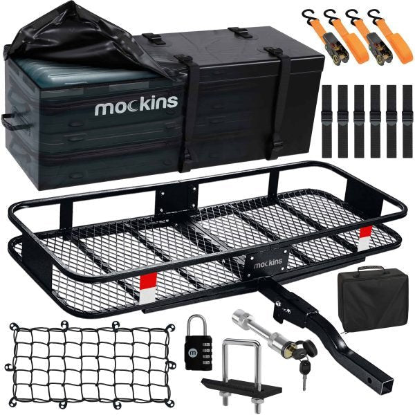 Mockins Car Hitch Cargo Carrier 500 lbs. Cargo Basket Capacity, 16 CF Cargo Bag + Accessories | 2 Hitch Receiver