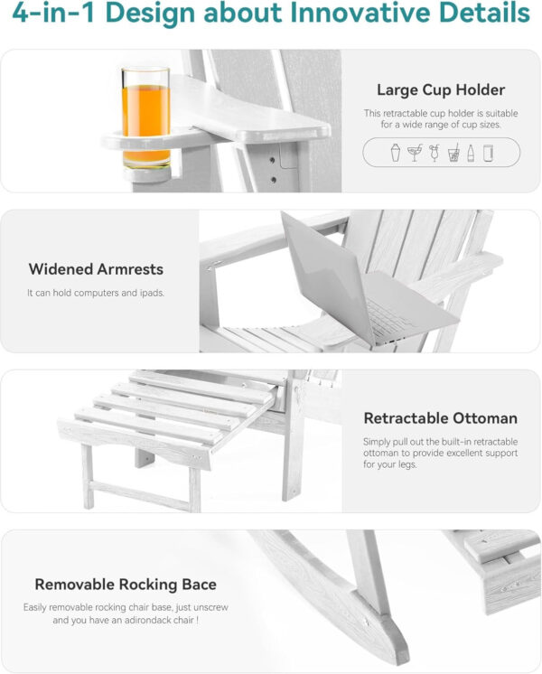 77054864944a45e4be810e73c067fba4 Folding Adirondack Rocking Chair,4-in-1 Multifunctional Patio Chair with Retractable Ottoman, Outdoor Chair Wood Texture, Lawn Chair for Porch, Backyard, Pool(Grey)