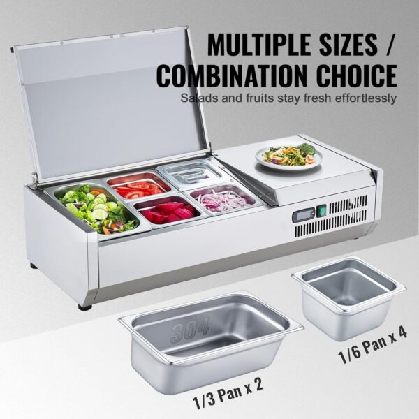 770a52c9b9c241a385c2fe3cca6cb276 Refrigerated Condiment Prep Station, 135 W Countertop Refrigerated Condiment Station, with 2 1/3 Pans & 4 1/6 Pans, 304 Stainless Body and PC Lid, Sandwich Prep Table with Stainless Guard, ETL