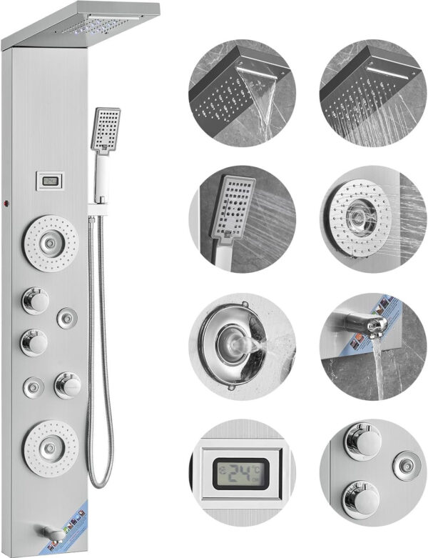 Shower Panel System, 6 Shower Modes, LED & Display Shower Panel Tower, Rainfall, Waterfall, 4 Body Massage Jets, Tub Spout, Handheld Shower Head 59′′ Hose, Stainless Steel Wall-Mounted Shower Set
