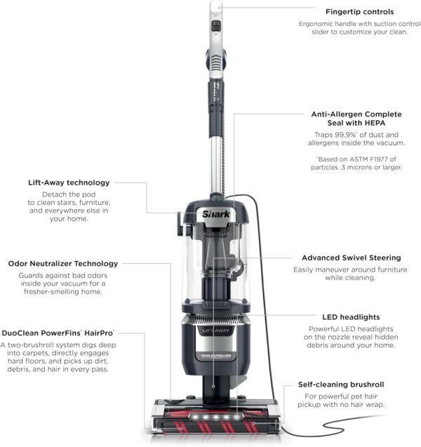 Rotator Pet Pro Lift-Away ADV Upright Vacuum with HEPA Filter, DuoClean PowerFins HairPro and Odor Neutralizer Technology, Pet Hair Pickup, For Carpets & Hardfloors, Dark Grey, LA555