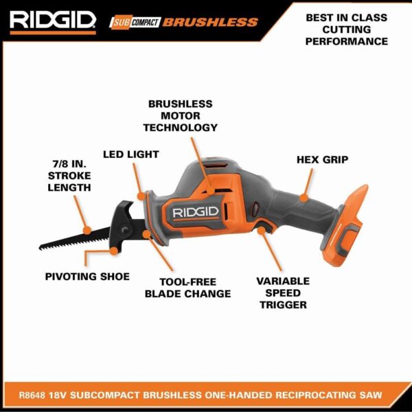 7983e9a7adc04446ab95eb9559e7bd95 RIDGID R8648B 18V SubCompact Brushless Cordless One-Handed Reciprocating Saw (Tool Only)