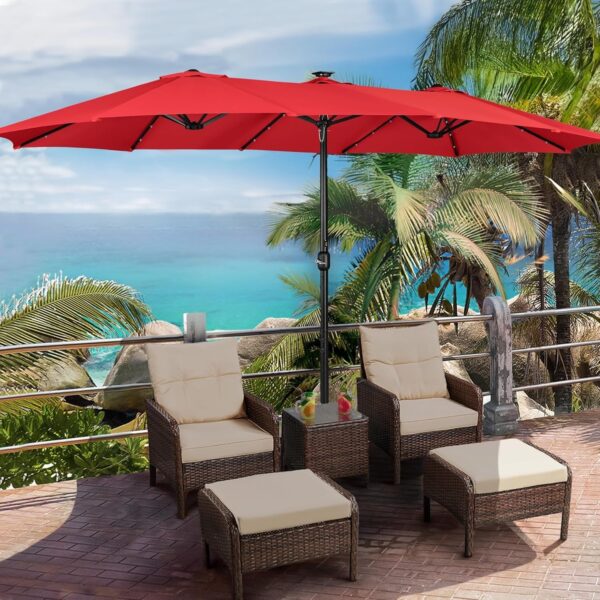 79e760ce5bbf45189bbdbcc97c808094 15 ft Large Patio Umbrella with Solar Lights Double-Sided Outdoor Rectangle Market Umbrellas with 36 LED Lights/Base Included/Easy Crank for Patio Garden Yard Pool Lawn, Brown
