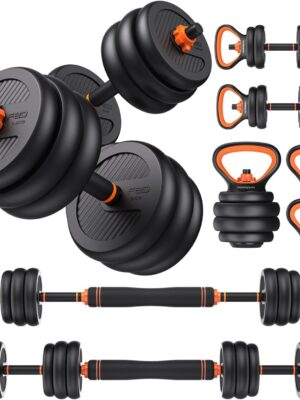 Adjustable Dumbbells, 20/30/40/45/70/90lbs Free Weight Set with Connector, 5 in1 Dumbbells Set Used as Barbell, Kettlebells, Push up Stand, Weight Plate, Fitness Exercises for Home Gym Suitable Men/Women