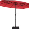 15 ft Large Patio Umbrella with Solar Lights Double-Sided Outdoor Rectangle Market Umbrellas with 36 LED Lights/Base Included/Easy Crank for Patio Garden Yard Pool Lawn, Brown