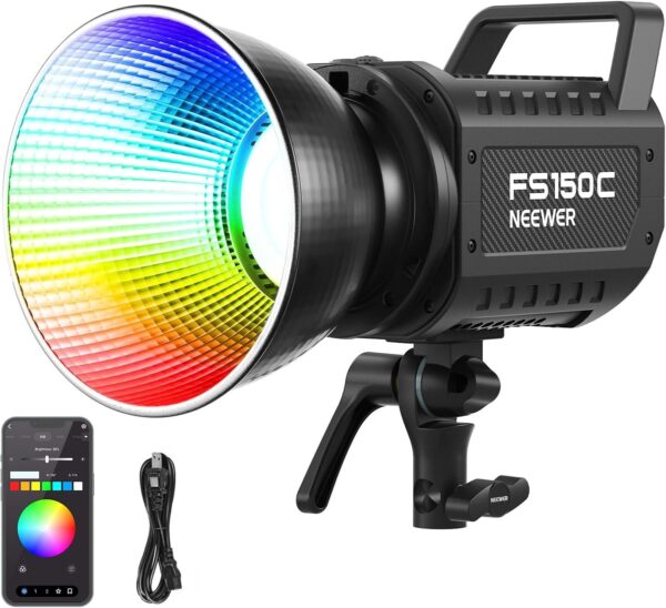 130W RGB LED Video Light APP/2.4G Control 17 Effects, 2500-7500K 19800lux/1m COB Continuous Lighting Output with CRI97/TLCI98 4 Dimming Curves, Spotlight for Studio Shoots, FS150C
