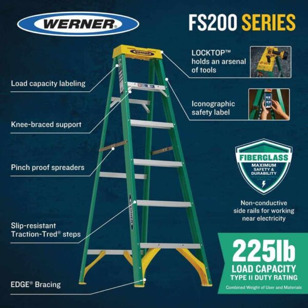 7a3ccae7062c4c278aaa1fbce2611b95 Werner 6 ft. Fiberglass Step Ladder (10 ft. Reach Height) with 225 lb. Load Capacity Type II Duty Rating