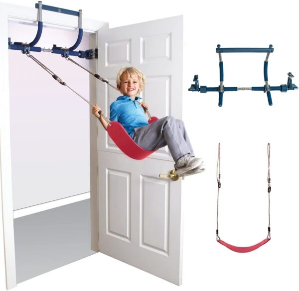 6 Piece Indoor Doorway Gym Set for Kids �� Indoor Swing for Kids Includes Kids Swing Chair, Rings, Hanging Trapeze, Ladder, Swinging Rope & Pullup Bar