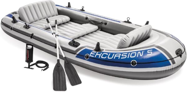 7a7e0c5fd9cc46b09dcef01f23ab22e3 INTEX Excursion Inflatable Boat Series: Includes Deluxe 54in Boat Oars and High-Output Pump – SuperTough PVC – Adjustable Seats with Backrest – Fishing Rod Holders – Welded Oar Locks