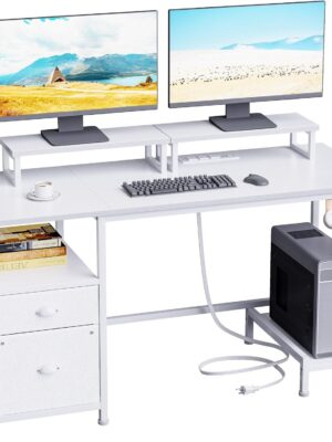 Furologee Computer Desk with Drawer and Power Outlets, 47′′ Office Desk with 2 Monitor Stands and Fabric File Cabinet, Writing Gaming Table with Shelves and 2 Hooks for Home Office, Rustic Brown