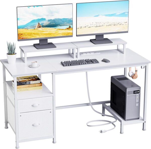 7a848d22d21e4399a6050c53649bfb4a Furologee Computer Desk with Drawer and Power Outlets, 47′′ Office Desk with 2 Monitor Stands and Fabric File Cabinet, Writing Gaming Table with Shelves and 2 Hooks for Home Office, Rustic Brown