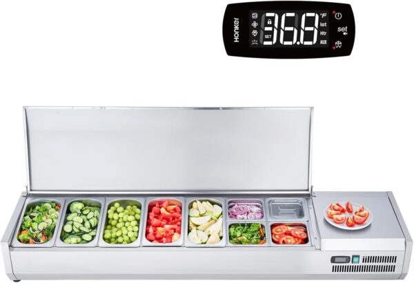 7ad75d31f26f41d89d417873f1dbcbf5 Refrigerated Condiment Prep Station, 135 W Countertop Refrigerated Condiment Station, with 2 1/3 Pans & 4 1/6 Pans, 304 Stainless Body and PC Lid, Sandwich Prep Table with Stainless Guard, ETL