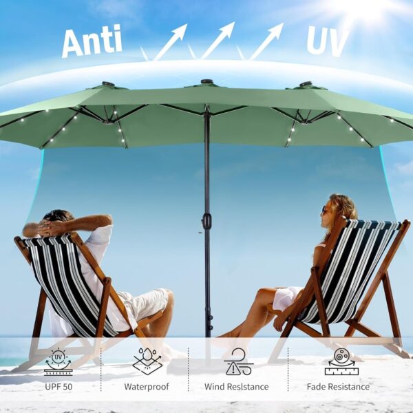 7b0574e9e244479d8a81e50b21407e0a 15ft Double Sided Patio Umbrella with Solar Lights, Outdoor Large Umbrellas with Crank Handle and 36 LED Lights, Rectangular Market Umbrella with Base Included for Deck Pool Shade