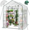 Greengro Greenhouse, 57 x 57 x 76” Greenhouses for Outdoors, Durable Green House Kit with Window, Thicken PE Cover, 3 Tiers 8 Shelves, Heavy Duty Walk in Green Houses for Indoor Backyard Outside