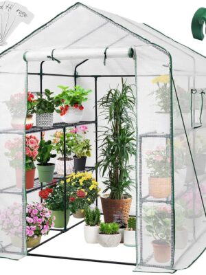 Greengro Greenhouse, 57 x 57 x 76” Greenhouses for Outdoors, Durable Green House Kit with Window, Thicken PE Cover, 3 Tiers 8 Shelves, Heavy Duty Walk in Green Houses for Indoor Backyard Outside