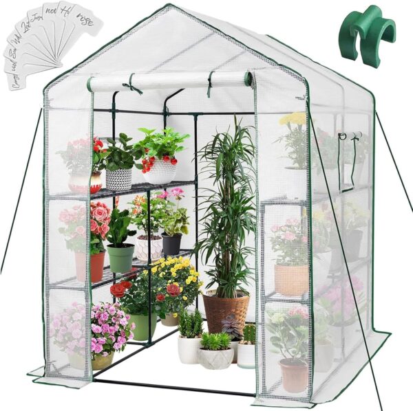Greengro Greenhouse, 57 x 57 x 76” Greenhouses for Outdoors, Durable Green House Kit with Window, Thicken PE Cover, 3 Tiers 8 Shelves, Heavy Duty Walk in Green Houses for Indoor Backyard Outside