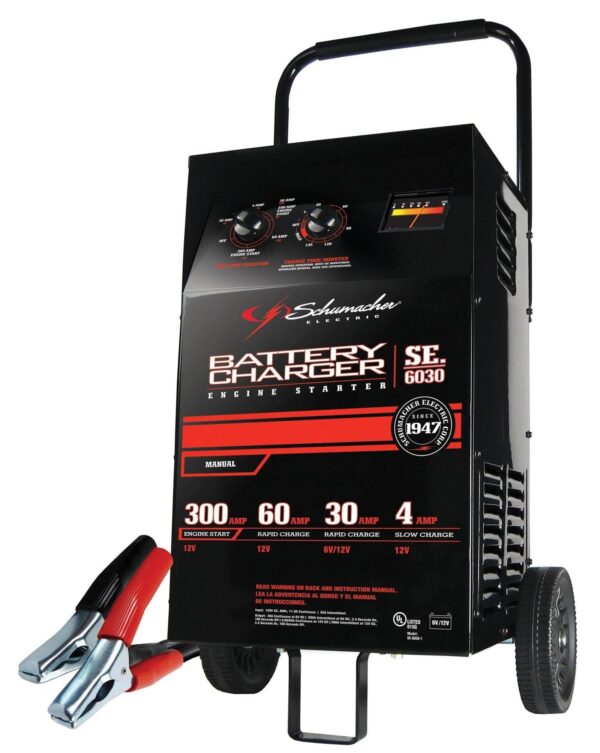7c0a0cadc35a4ec9ad80c3525eca1136 Schumacher Electric Wheeled Battery Charger and Engine Starter, SC1446, 2-in-1, manual timer control, 300 crank amps, 6 volts, 12 volts, for car, SUV, truck and Marine batteries