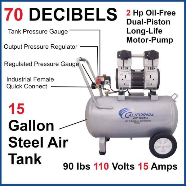 California Air Tools 15020C 15 Gal. 2.0 HP Ultra Quiet and Oil-Free Air Compressor
