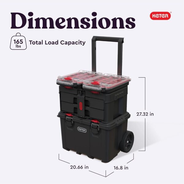 Keter Stack-n-Roll Modular Tools Organizer for Garage Storage and DIY, 3 Piece Resin Rolling Tool Box System for Small Parts