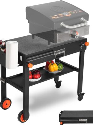 Portable Outdoor Grill Table, Folding Grill Cart Solid and Sturdy, Blackstone Griddle Stand Large Space, Blackstone Table with Paper Towel Holder, Grill Stand for Blackstone Griddle, Ninja Grills etc