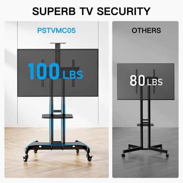 Rolling/Mobile TV Cart with Wheels for 32-82 Inch LCD LED 4K Flat Screen TVs – TV Floor Stand with Shelf Holds Up to 100 lbs, Height Adjustable Trolley Max VESA 600x400mm- PSTVMC05