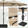 15 ft Large Patio Umbrella with Solar Lights Double-Sided Outdoor Rectangle Market Umbrellas with 36 LED Lights/Base Included/Easy Crank for Patio Garden Yard Pool Lawn, Brown