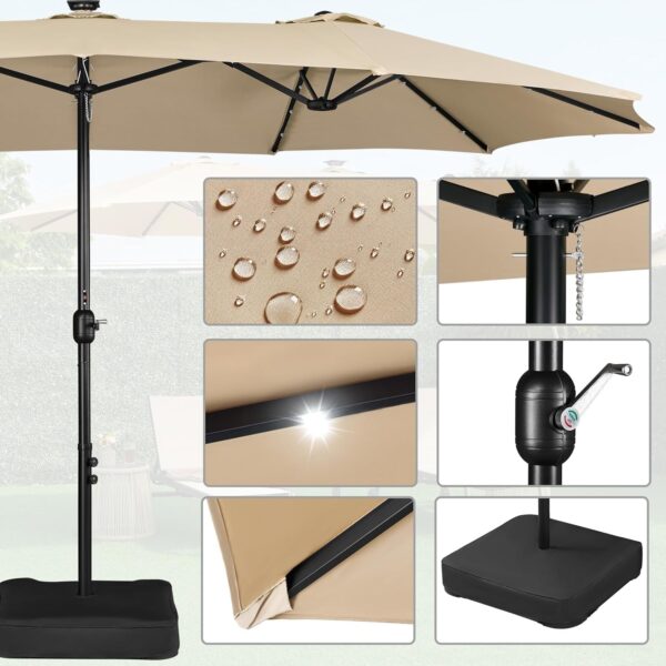 7dc70673c3f6416a961a6cc18535e112 15 ft Large Patio Umbrella with Solar Lights Double-Sided Outdoor Rectangle Market Umbrellas with 36 LED Lights/Base Included/Easy Crank for Patio Garden Yard Pool Lawn, Brown
