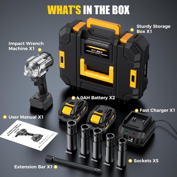 Cordless Impact Wrench, 1200Nm(900ft-lbs) High Torque 1/2” Impact Wrench, 21V Brushless Electric Impact Gun with 2Pcs 4.0Ah Batteries, 1 Hour Fast Charger, 5 Sockets, Power Impact Driver for Car Home