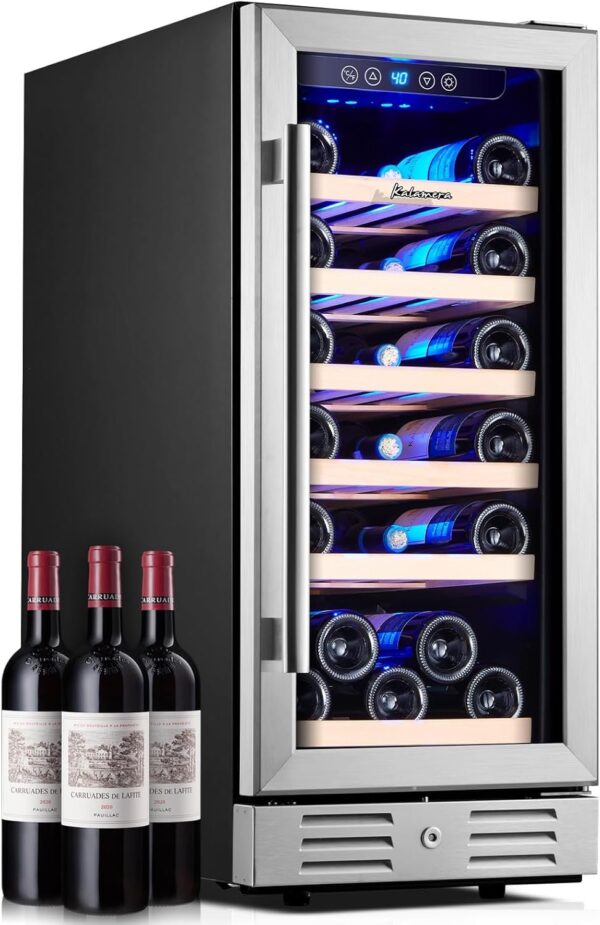 7de5f088d0c54f379f6b1e4005899874 24 inch Wine Cooler, 46 Bottle – Dual Zone Built-in or Freestanding Fridge with Stainless Steel Reversible Glass Door, for Home, Kitchen, or Office.