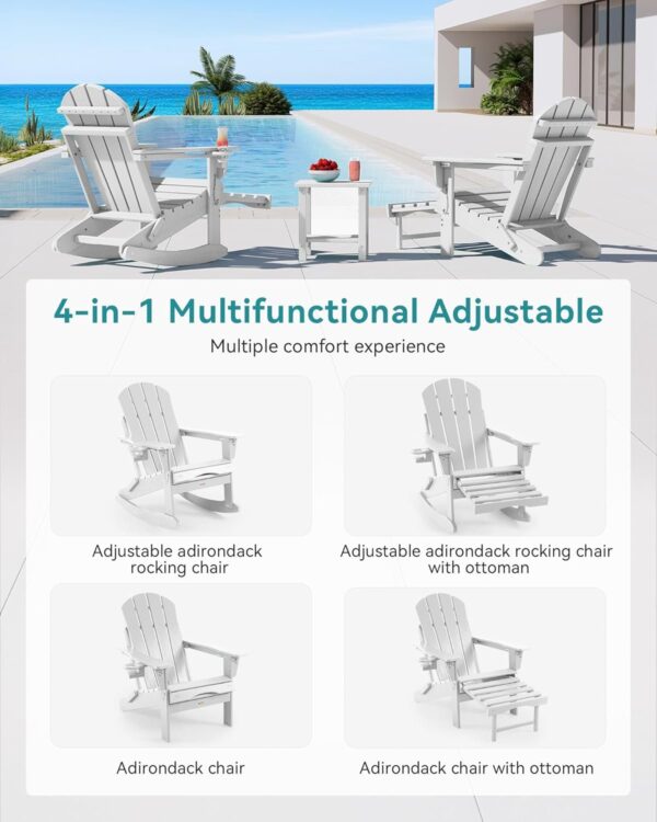 7e1a79a700eb49868b3a2608f04dde48 Folding Adirondack Rocking Chair,4-in-1 Multifunctional Patio Chair with Retractable Ottoman, Outdoor Chair Wood Texture, Lawn Chair for Porch, Backyard, Pool(Grey)