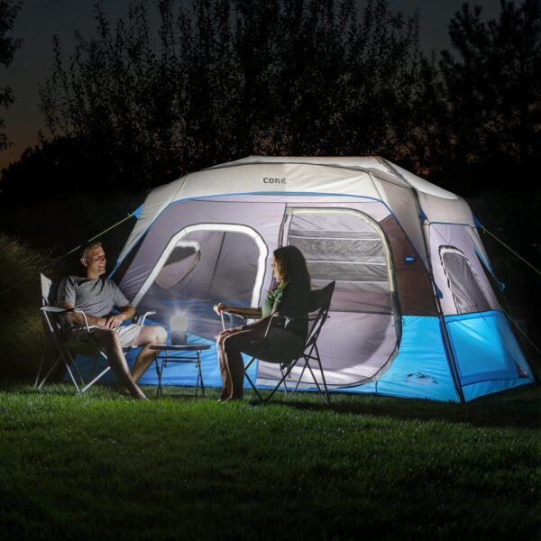 CORE Instant Cabin Tents with LED Lights | 6 Person / 9 Person / 12 Person Family Multi Room Lighted Pop Up Tents for Camping | Included Storage Pockets for Camping Accessories