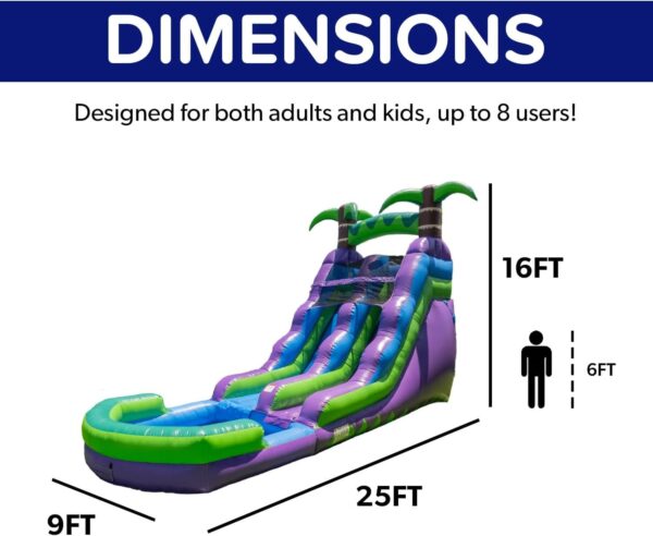 7e44d6567e7a429ea8f8ef6f174aa6d5 HeroKiddo 16′ Purple Tropical Lightweight Premium Commercial Grade Water Slide Inflatable with Attached Pool for Kids and Adults (with Blower), Wet Dry Use, Summer Fun
