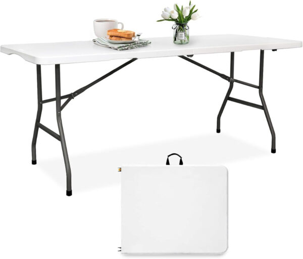 7ea7ffb1eb6b4c238178f0acb3c1827f 6FT Folding Table HDPE Foldable Table Banquet Surface Fold-in-Half Desk Utility for Working Meeting Parties, Picnic, Camping, Weddings, Catering, Garden Dining-White