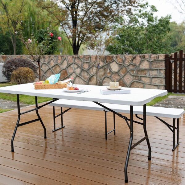 7f61b308f5ac4a69879f0359a4117061 6FT Folding Table HDPE Foldable Table Banquet Surface Fold-in-Half Desk Utility for Working Meeting Parties, Picnic, Camping, Weddings, Catering, Garden Dining-White