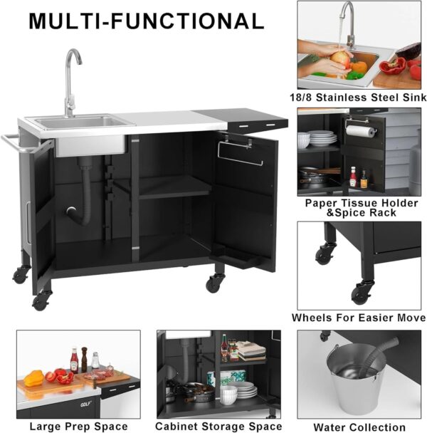 Outdoor Grill Table with Stainless Steel Sink – Metal Grill Cart Kitchen Island
