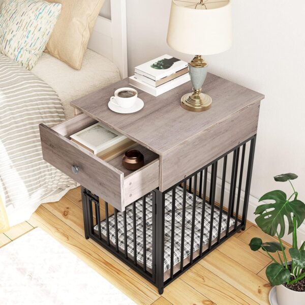 HOOBRO Dog Crate Furniture, Wooden Dog House, Decorative Dog Kennel with Drawer, Indoor Pet Crate End Table for Small Dog, Steel-Tube Puppy Cage, Chew-Proof, Rustic Brown and Black BF01GW03