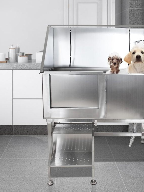 Professional Stainless Steel Dog Grooming Tub with Ramp, Faucet & Sprayer – 50” Pet Wash Station