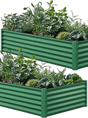 8x4x2ft 2pcs Large Raised Garden Bed Kit, Galvanized Metal Planter Box with Gloves, Ground Nails & Safety Rubber, Outdoor Above Ground Planters for Plants Vegetables Flowers, Green