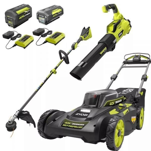 80feb1843e0648e89a8dc5f7ad5ba695 40V Brushless 20 in. Walk Behind Self Propelled Mower String Trimmer Leaf Blower with (2) Batteries and (2) Chargers