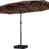 15 ft Large Patio Umbrella with Solar Lights Double-Sided Outdoor Rectangle Market Umbrellas with 36 LED Lights/Base Included/Easy Crank for Patio Garden Yard Pool Lawn, Brown