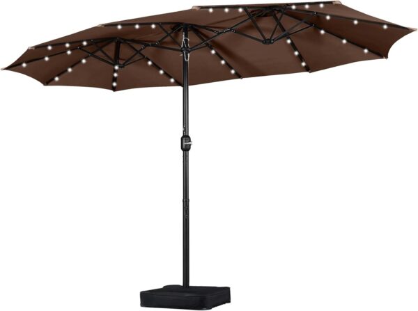 8107af0cb6814094bada28ac98f55a82 15 ft Large Patio Umbrella with Solar Lights Double-Sided Outdoor Rectangle Market Umbrellas with 36 LED Lights/Base Included/Easy Crank for Patio Garden Yard Pool Lawn, Brown